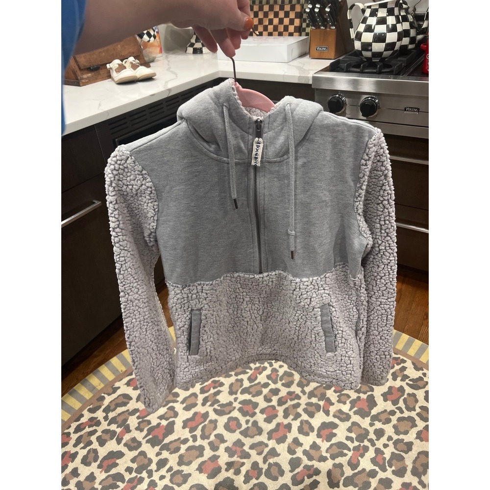 Altar'd State Size M Gray Sherpa Faux Fur 1/2 Zip Hooded Pullover Jacket